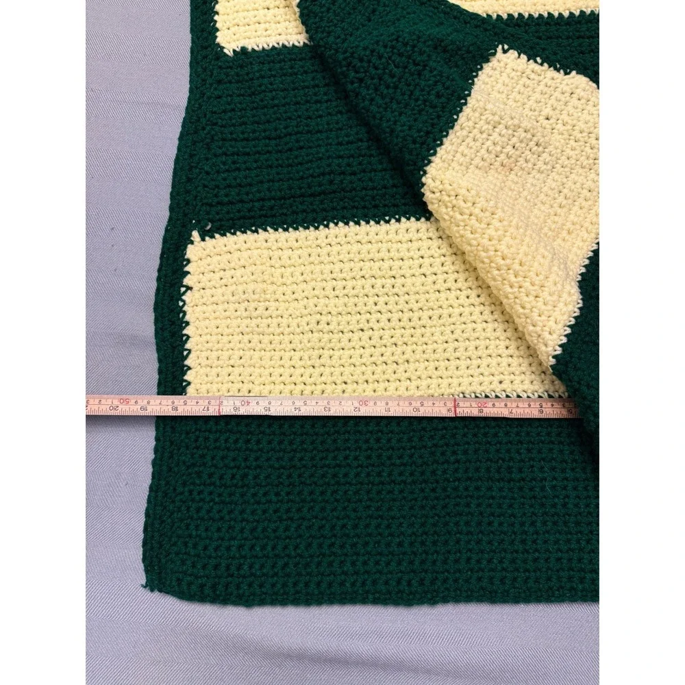 Handmade Crochet Baby Blanket Forest Green Pale Yellow Striped Stroller Throw